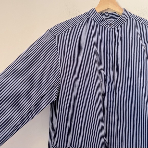 Lafayette 148 Asymmetrical Stripe Button Down Contemporary Shirt Blues M - Picture 4 of 10